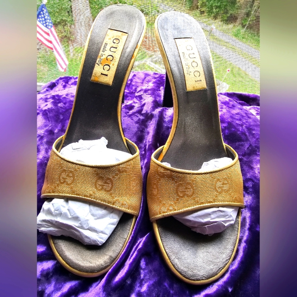 Gucci Brown Monogram Slide Heels